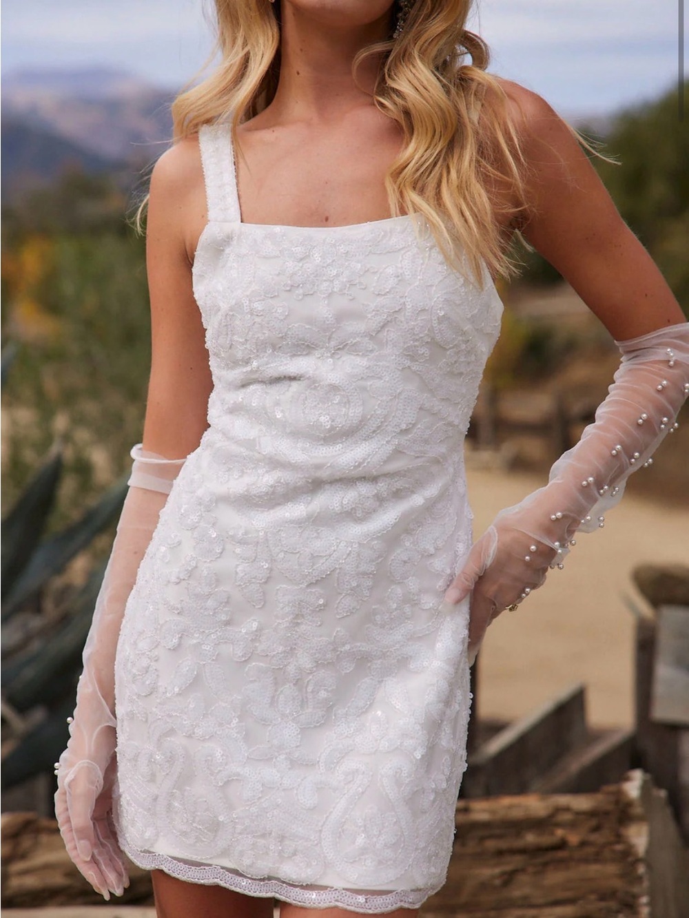 12th Tribe White Beaded Lace Mini Dress